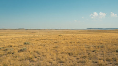 This image captures a vast golden prairie stretching under a clear blue sky, featuring distant wind turbines. It evokes a sense of tranquility and connectivity to nature.の素材