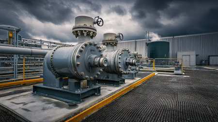 This image showcases industrial pumps and machinery set against a dramatic cloudy sky, emphasizing the complexity of modern manufacturing and energy infrastructure.の素材