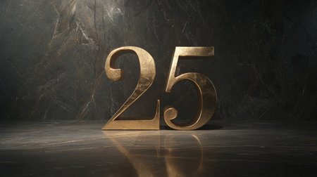 This exquisite image features a golden number twenty-five set on a dark marble surface, accentuated by elegant lighting, perfect for celebrations or milestones.の素材