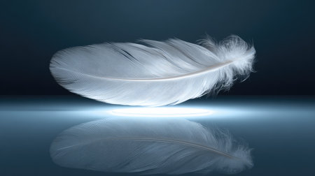Captivating image of a delicate white feather floating gracefully on a smooth surface, highlighted by soft lighting, evoking feelings of peace and inspiration.の素材