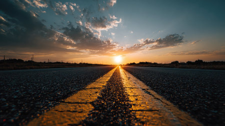 A stunning sunset illuminates an open road, casting warm hues across the asphalt. The sky is adorned with vibrant clouds, inviting exploration and tranquility.の素材