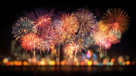A stunning display of fireworks lights up the night sky above a vibrant city skyline, creating a magical atmosphere of celebration and joy during a festive event.の素材