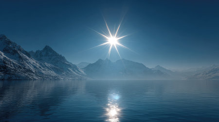 A breathtaking winter landscape featuring snow-capped mountains, a bright sun reflecting on calm waters, and a clear blue sky, perfect for capturing natural beauty.の素材