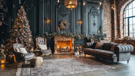Experience a cozy and elegant Christmas living room featuring a beautifully decorated tree, comfortable furniture, and a warm fireplace, perfect for festive gatherings.の素材