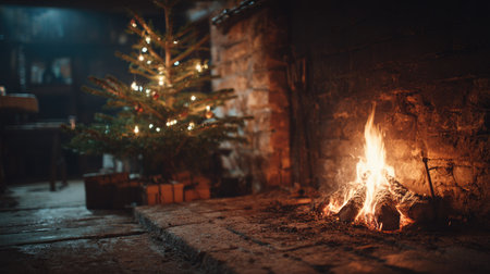 Immerse yourself in the cozy ambiance of a rustic room featuring a crackling fire and a beautifully decorated Christmas tree, creating a warm holiday atmosphere.の素材