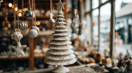 A charming display features a white Christmas tree ornament set against a backdrop of warm lights and handcrafted baubles, perfect for holiday inspiration.の素材