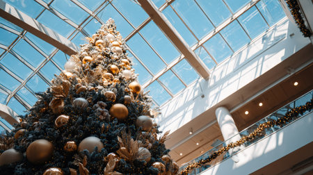 A stunning Christmas tree adorned with golden ornaments stands tall beneath a glass ceiling. The bright blue sky adds to the festive atmosphere in this modern space.の素材