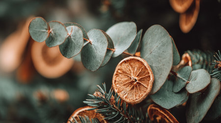 Captivating arrangement of dried citrus slices and eucalyptus leaves, showcasing a beautiful blend of textures and earthy colors for decor inspiration.の素材