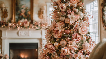 A beautifully decorated pink floral Christmas tree stands elegantly in a cozy living room, surrounded by warm light and festive cheer, ideal for holiday inspiration.の素材