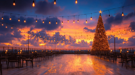 Enjoy a breathtaking rooftop view at sunset featuring a beautifully decorated Christmas tree surrounded by glowing fairy lights, creating a magical holiday atmosphere.の素材