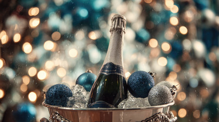 A stunning champagne bottle in an ice bucket, surrounded by beautiful ornaments, creates a festive atmosphere perfect for celebrations, parties, and holiday gatherings.の素材