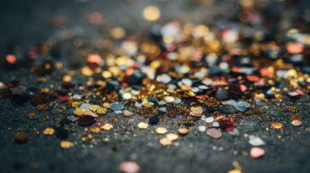 Captivating image of vivid glitter and confetti in various shapes, laying on a dark surface, perfect for representing celebrations, parties, and joyful occasions.の素材