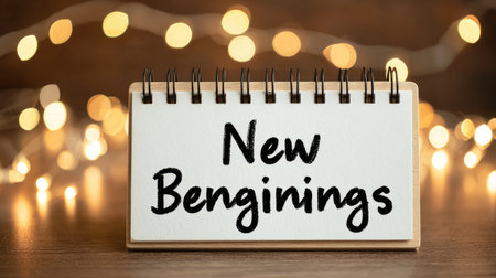 A simple yet powerful display of the phrase "New Beginnings" on a desk, enhanced by a warm bokeh background, symbolizing hope and motivation for new journeys.の素材