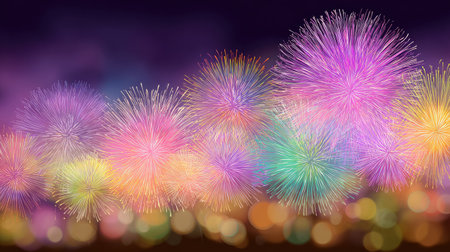 Beautiful fireworks burst across a night sky, creating a magical and colorful scene perfect for celebrations or special events. Bright lights and joyful atmosphere.の素材