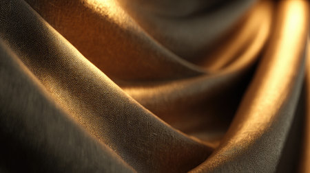 This close-up image captures the elegant texture of golden fabric with soft waves and light reflections, ideal for various design projects and backgrounds.の素材