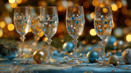 A set of elegant sparkling glasses adorned with decorative patterns, surrounded by festive ornaments, creating a warm and inviting atmosphere for any celebration.の素材