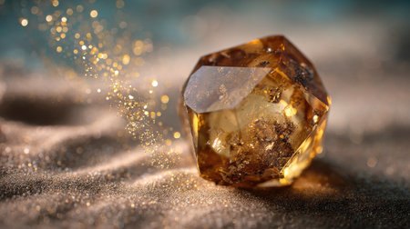 A close-up image of a golden crystal with intricate details, set against a sandy backdrop, showcasing its sparkle and shimmering dust, evoking a sense of elegance.の素材