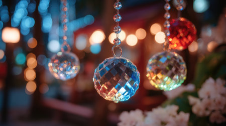 Beautiful glass ornaments hanging in vibrant colors alongside glowing bokeh lights create a magical and festive atmosphere for winter celebrations and gatherings.の素材