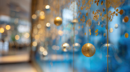 Beautiful gold ornaments suspended against a blurred background create a festive atmosphere. Perfect for holiday themes, celebrations, and decor inspiration.の素材