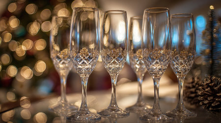 A stunning display of elegant crystal champagne flutes set for a festive gathering, featuring golden accents and surrounded by a warm, blurred holiday backdrop.の素材