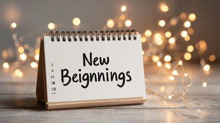 A charming calendar displaying an uplifting message of "New Beginnings," presented on a rustic wooden surface with soft twinkling lights, perfect for inspiration.の素材