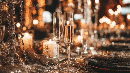 Immerse in the warmth of a beautifully arranged table featuring sparkling glassware, flickering candles, and elegant decor, perfect for any joyful celebration.の素材