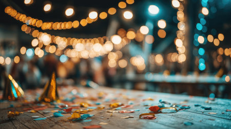 A vibrant celebration scene featuring colorful confetti on a rustic table. Glowing string lights create a warm and festive atmosphere, perfect for gatherings.の素材
