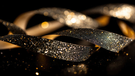 A stunning close-up image of shimmering black and gold glitter ribbons against a dark surface, perfect for festive decor and capturing the essence of celebration and elegance.の素材