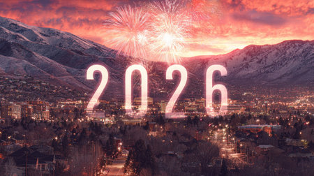 A stunning view of a city at dusk celebrating the New Year 2026, featuring vibrant fireworks over the mountains and illuminated streets, creating a festive atmosphere.の素材