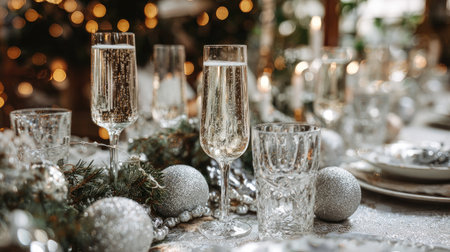 A stunning festive table setting featuring sparkling drinks and silver decorations, perfect for creating a joyful atmosphere during holiday celebrations.の素材