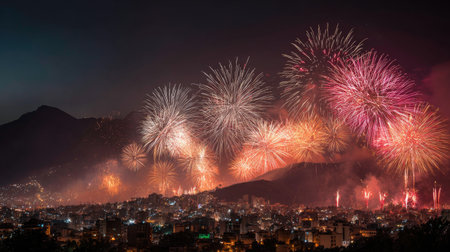 A breathtaking view of vibrant fireworks exploding in the night sky over a city and mountains. The colorful display captures the essence of celebration and joy.の素材