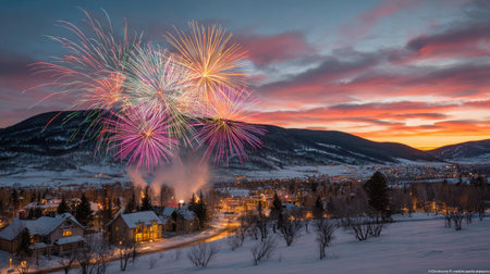 A stunning display of colorful fireworks bursts over a serene snowy village at dusk, capturing the beauty of winter celebrations amidst the majestic mountains.の素材