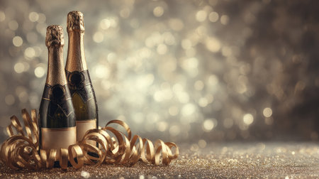 Two elegant champagne bottles with gold ribbons sit against a backdrop of sparkling lights, creating a festive atmosphere ideal for celebrations and special moments.の素材