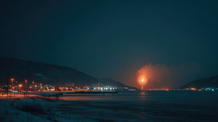 An enchanting fireworks display illuminates the night sky over a tranquil river and a vibrant cityscape, framed by snow-capped mountains, creating a breathtaking scene.の素材