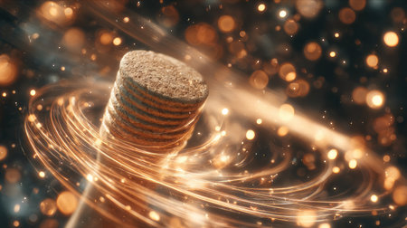 A mesmerizing abstract representation of a spinning disc illuminated by glowing particles, creating a dynamic and colorful visual experience, perfect for creative projects.の素材