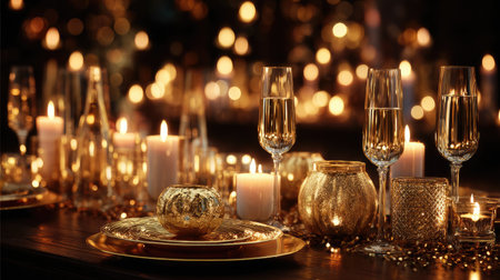 Experience an elegant table setting adorned with sparkling glasses, golden candles, and a warm atmosphere, perfect for a luxurious celebration or intimate gathering.の素材