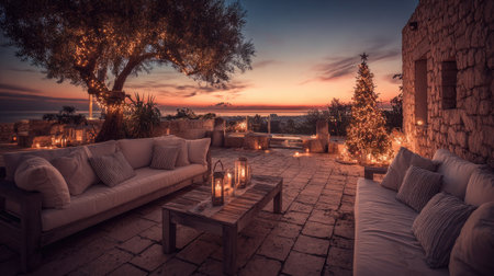 This inviting outdoor living area features comfortable seating, a beautifully decorated Christmas tree, and warm lights, perfect for festive gatherings at sunset.の素材