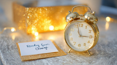 A vintage gold alarm clock sits beside a handwritten note encouraging readiness for change, symbolizing the journey toward personal growth and time management.の素材