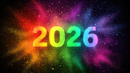 A vibrant and colorful representation of the year 2026, featuring lively particles and bokeh effects, perfect for New Year celebrations and event promotions.の素材