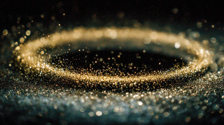 Mesmerizing visual of golden dust swirling in dark space, creating a unique blend of sparkle and elegance, perfect for artistic projects and creative backgrounds.の素材