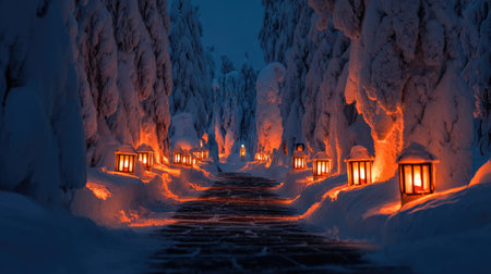 A picturesque winter walkway illuminated by warm lanterns, surrounded by majestic snow-covered trees, creating a serene and magical evening atmosphere.の素材