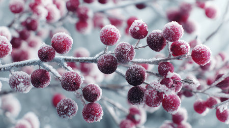 Discover a stunning close-up of frost-covered red berries on branches, highlighting the intricate details of nature's beauty in the cold winter landscape.の素材