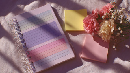 A soothing flat lay featuring a pastel notebook, assorted sticky notes, and delicate flowers, perfect for inspiring creativity and organization in any workspace setting.の素材