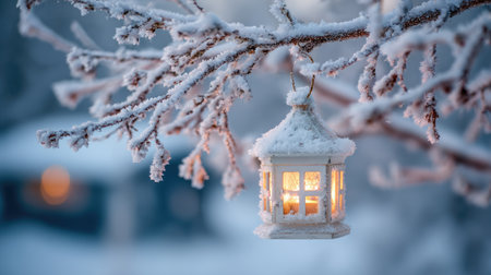 A charming winter scene showcasing a lantern adorned with frost, hanging from a tree branch. The glowing light provides a warm contrast to the cold, serene surroundings.の素材