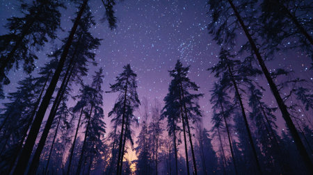 A captivating scene features a dense pine forest under a mesmerizing night sky filled with stars and a softly glowing horizon, creating a serene atmosphere.の素材