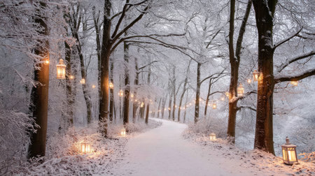 A picturesque winter path winds through a snowy forest, softly illuminated by glowing lanterns, creating a magical and tranquil atmosphere for winter lovers.の素材