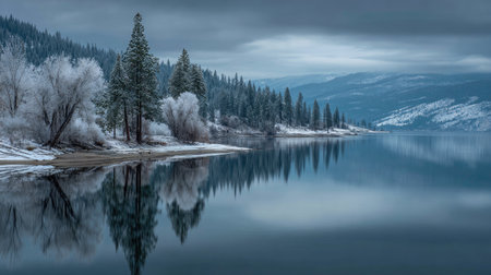 A peaceful winter landscape featuring a serene lake bordered by snow-coated pines. The still water reflects the gray sky, creating a tranquil atmosphere perfect for nature lovers.の素材