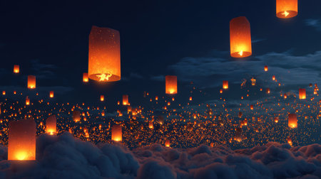 A mesmerizing scene of glowing lanterns rising gracefully into the night sky, illuminating the clouds below with a warm and enchanting glow, creating a magical atmosphere.の素材
