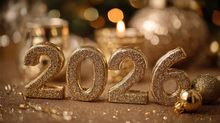 Celebrate New Year 2026 with this elegant image featuring glittering golden numbers. The warm, festive ambiance sets a joyful tone for fresh beginnings and memories.の素材