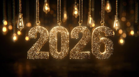 A stunning display of shimmering golden numbers 2026 surrounded by glowing bulbs, perfect for celebrating New Year and creating a festive atmosphere.の素材